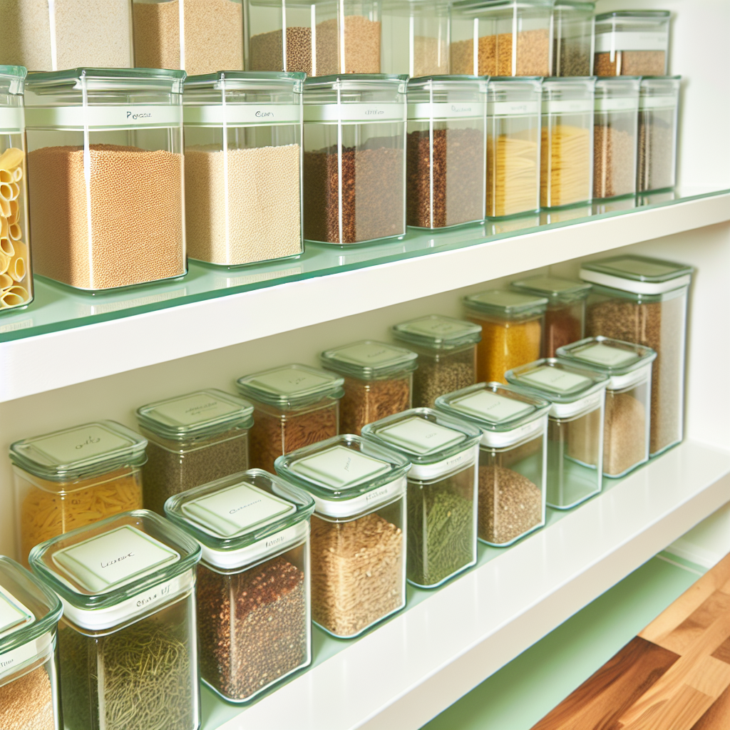 Clear labeled storage containers in organized pantry
